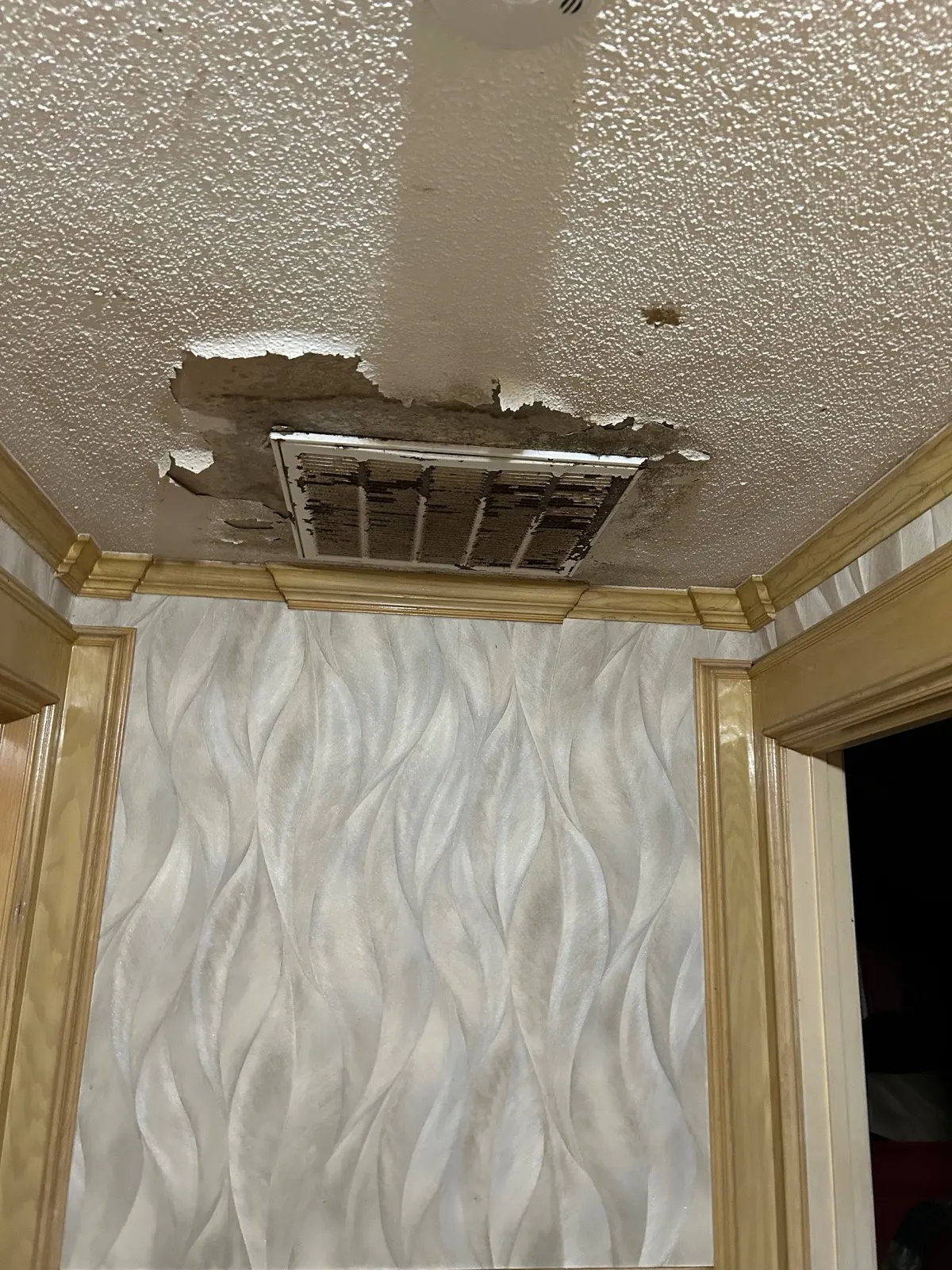 Ceiling before repair — damaged drywall with exposed hole near vent
