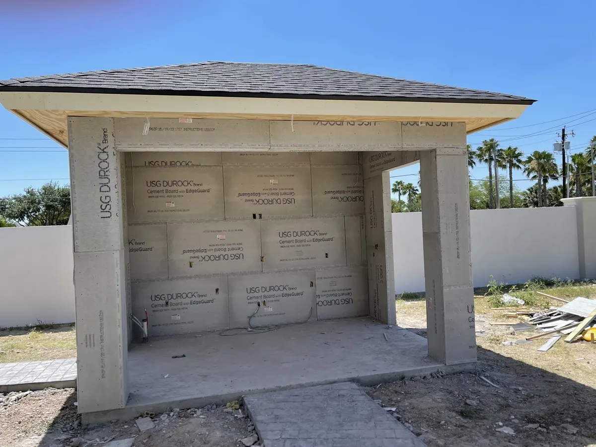 Outdoor kitchen in progress — cement board installed on structure